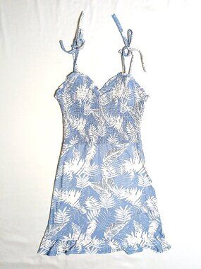 Planet Gold Blue Tropical Smocked Mini Dress Sweetheart Neckline Medium